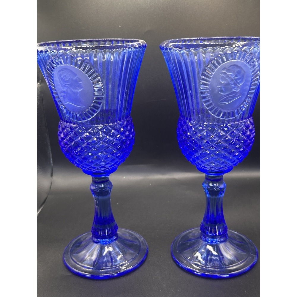 Pair of Vintage Cobalt Blue George & Martha Washington Goblets/Wine Glasses - Picture 1 of 7